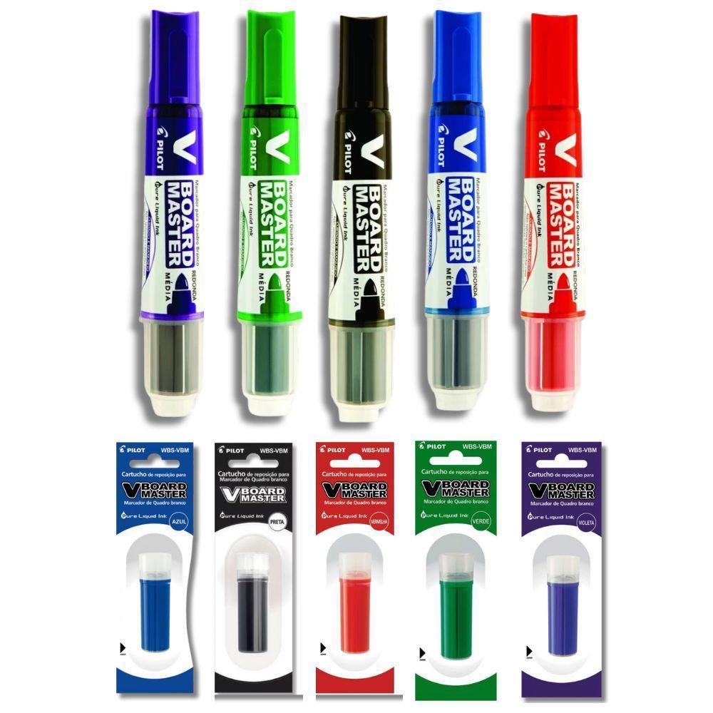 Kit 5 Pincel Quadro Branco Recarregável Pilot + 5 Refil V-board Master Pilot - 1