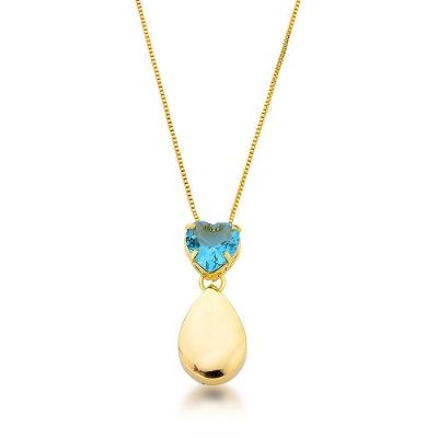 Colar Gota Lisa E Zirconia Coração Banhada Ouro 18k - Azul Claro