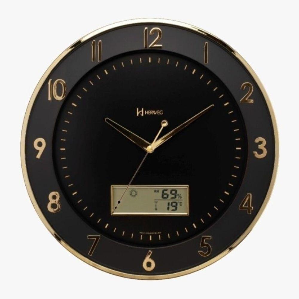 Relógio Parede 35cm Termômetro Calendário Preto Herweg 6819 - 1