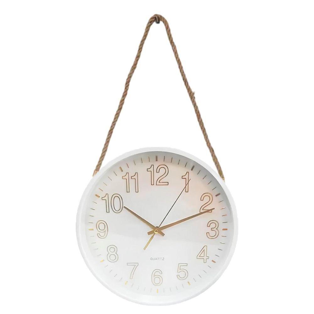 Relógio De Parede Branco Quartz Redondo Com Corda De Sisal - 1