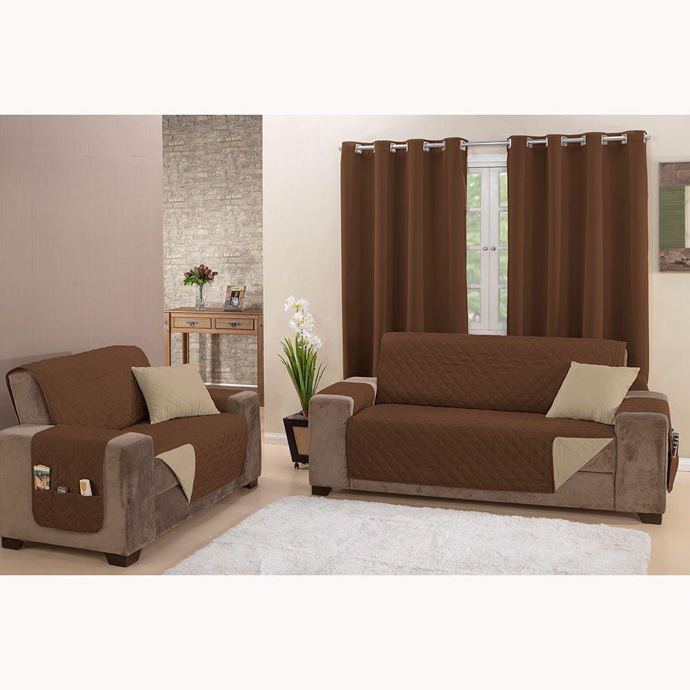Protetor De Sofá Manu Dupla Face 2 E 3 Lugares Microfibra - Tabaco/caqui - 2