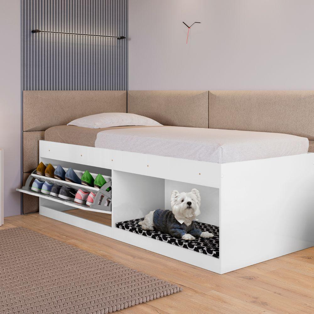 Box Solteiro 2 Prateleiras Flórida Com Kit Pet E Colchão Branco - 1