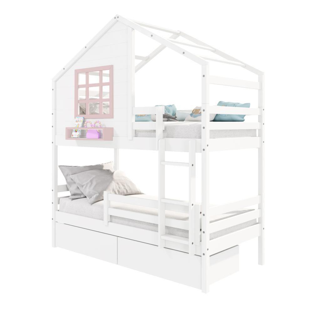 Beliche Casinha Com Janela Com 02 Gavetas E Grade De Proteção Madeira Maciça Branco- Rosa Housin - 2