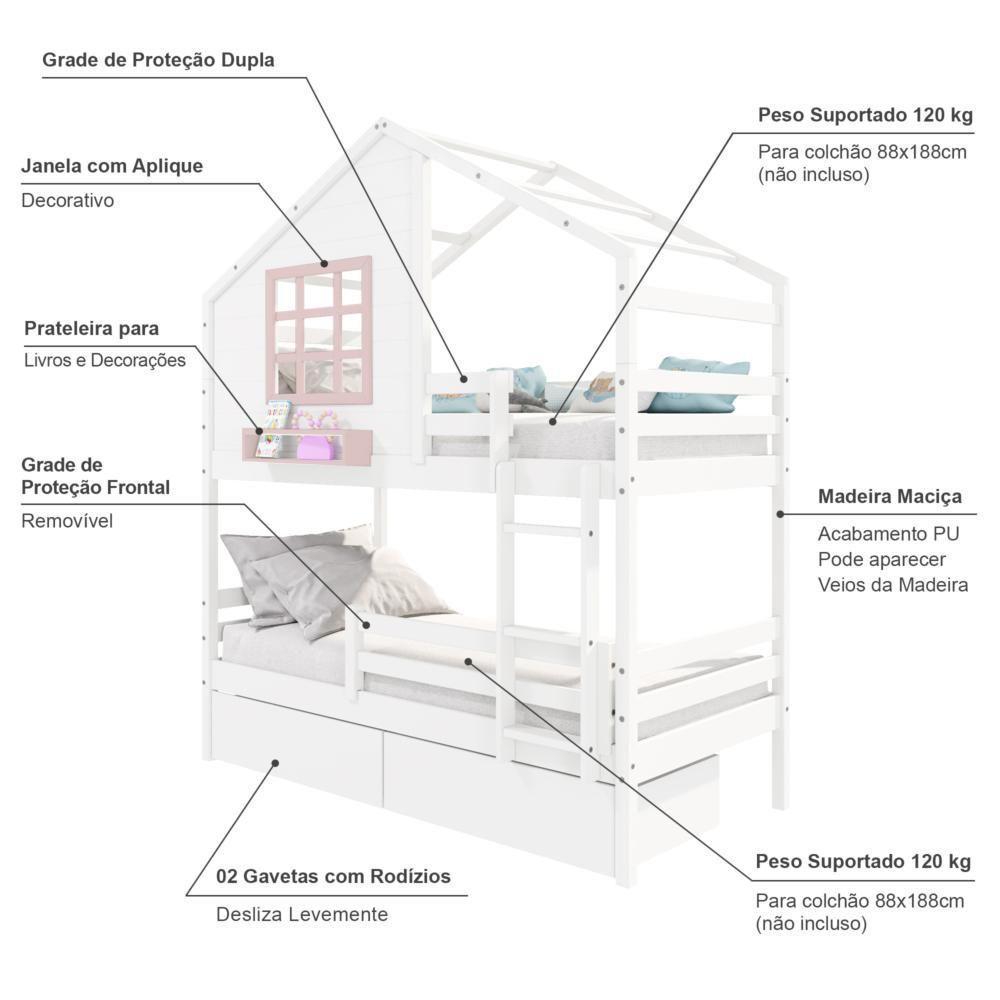 Beliche Casinha Com Janela Com 02 Gavetas E Grade De Proteção Madeira Maciça Branco- Rosa Housin - 5