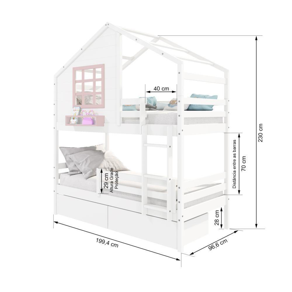 Beliche Casinha Com Janela Com 02 Gavetas E Grade De Proteção Madeira Maciça Branco- Rosa Housin - 6