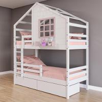 Beliche Casinha Com Janela Com 02 Gavetas E Grade De Proteção Madeira Maciça Branco- Rosa Housin - 1