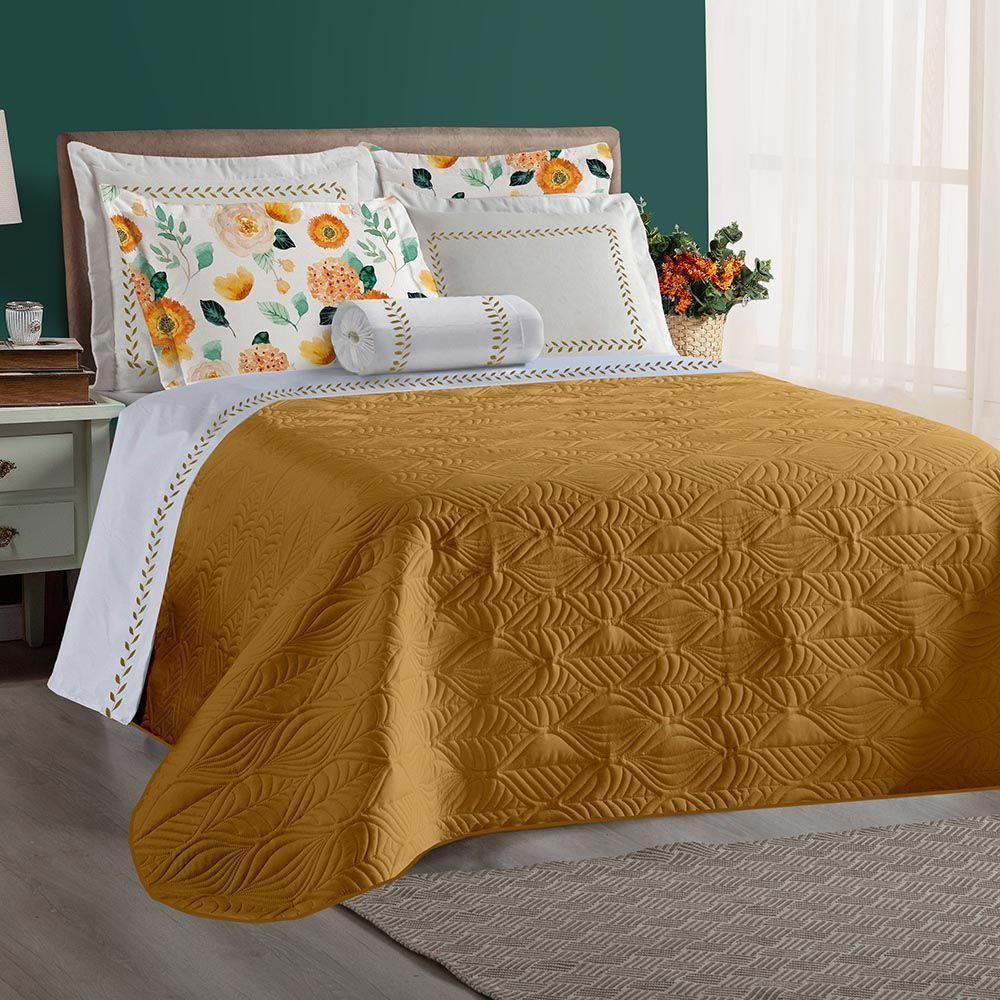 Kit Cobre Leito Tropical Casal Queen 4 Peças Dupla Face Percal 200 Fios Peletizado - Mostarda - 1