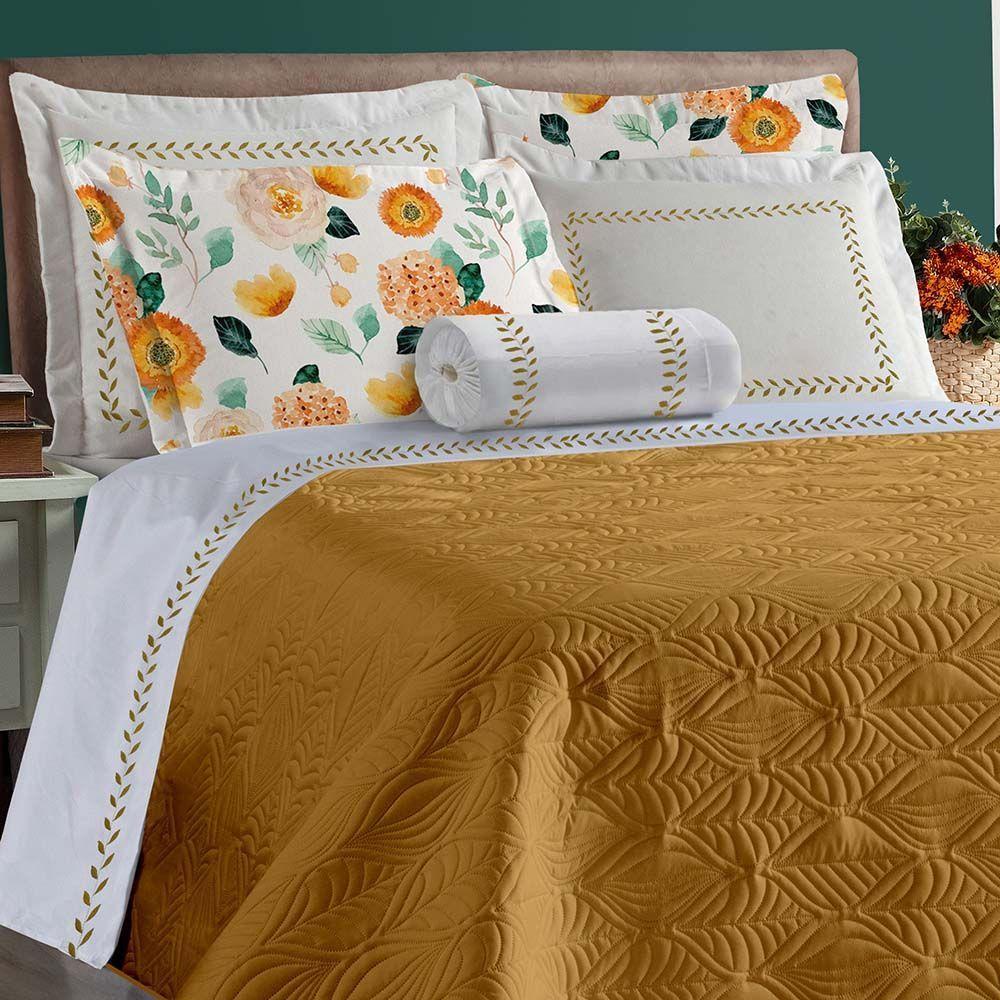 Kit Cobre Leito Tropical Casal Queen 4 Peças Dupla Face Percal 200 Fios Peletizado - Mostarda - 3