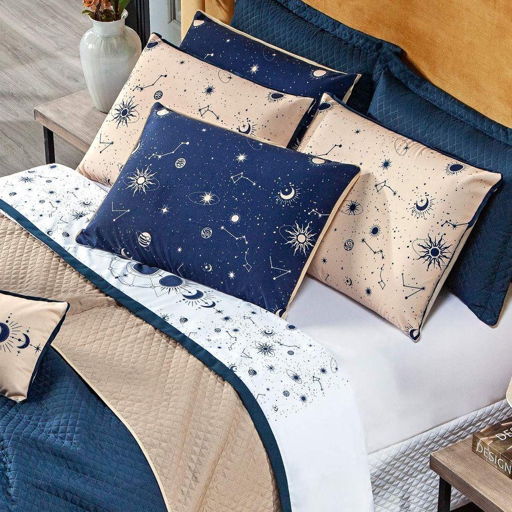 Cobre Leito Constelações Azul Marinho-caqui Dupla Face Com Almofadas Casal 07 Peças Astrologia Signos - 5