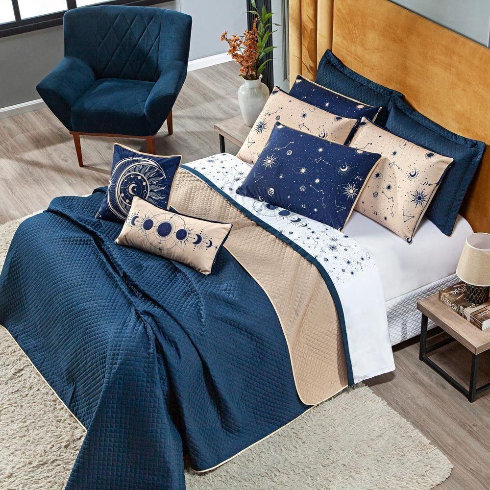 Cobre Leito Constelações Azul Marinho-caqui Dupla Face Com Almofadas Casal 07 Peças Astrologia Signos - 8