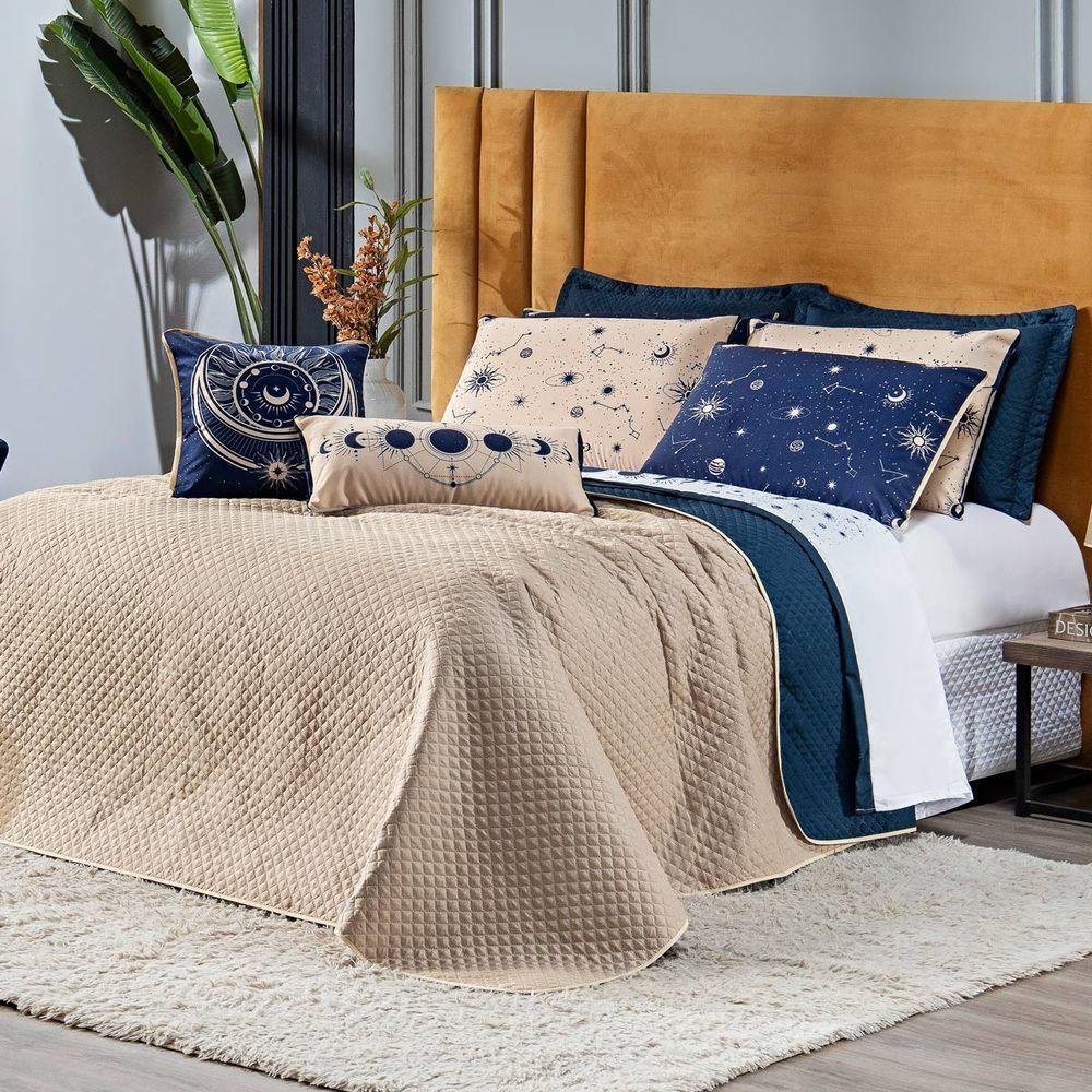 Cobre Leito Constelações Azul Marinho-caqui Dupla Face Com Almofadas Casal 07 Peças Astrologia Signos - 9