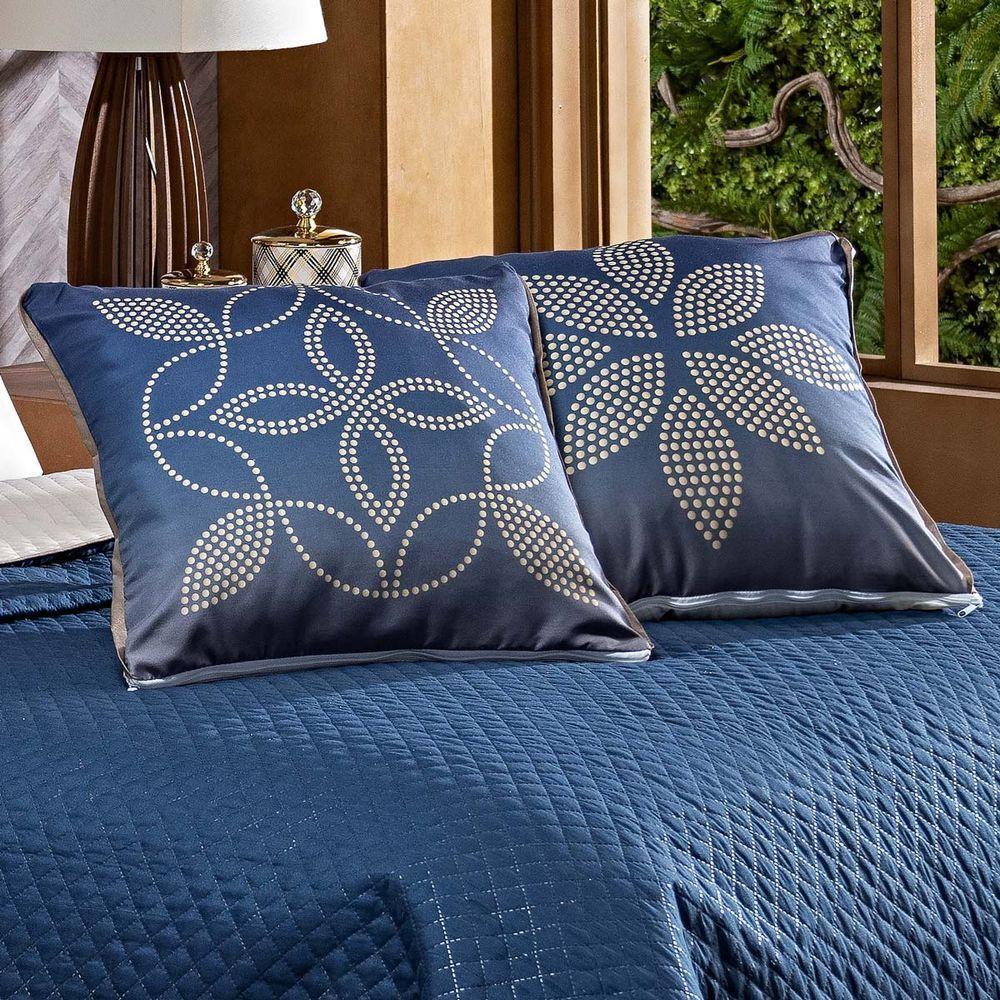 Cobre Leito Arabesco Azul Marinho-caqui Dupla Face Com Almofadas Queen 07 Peças - 4