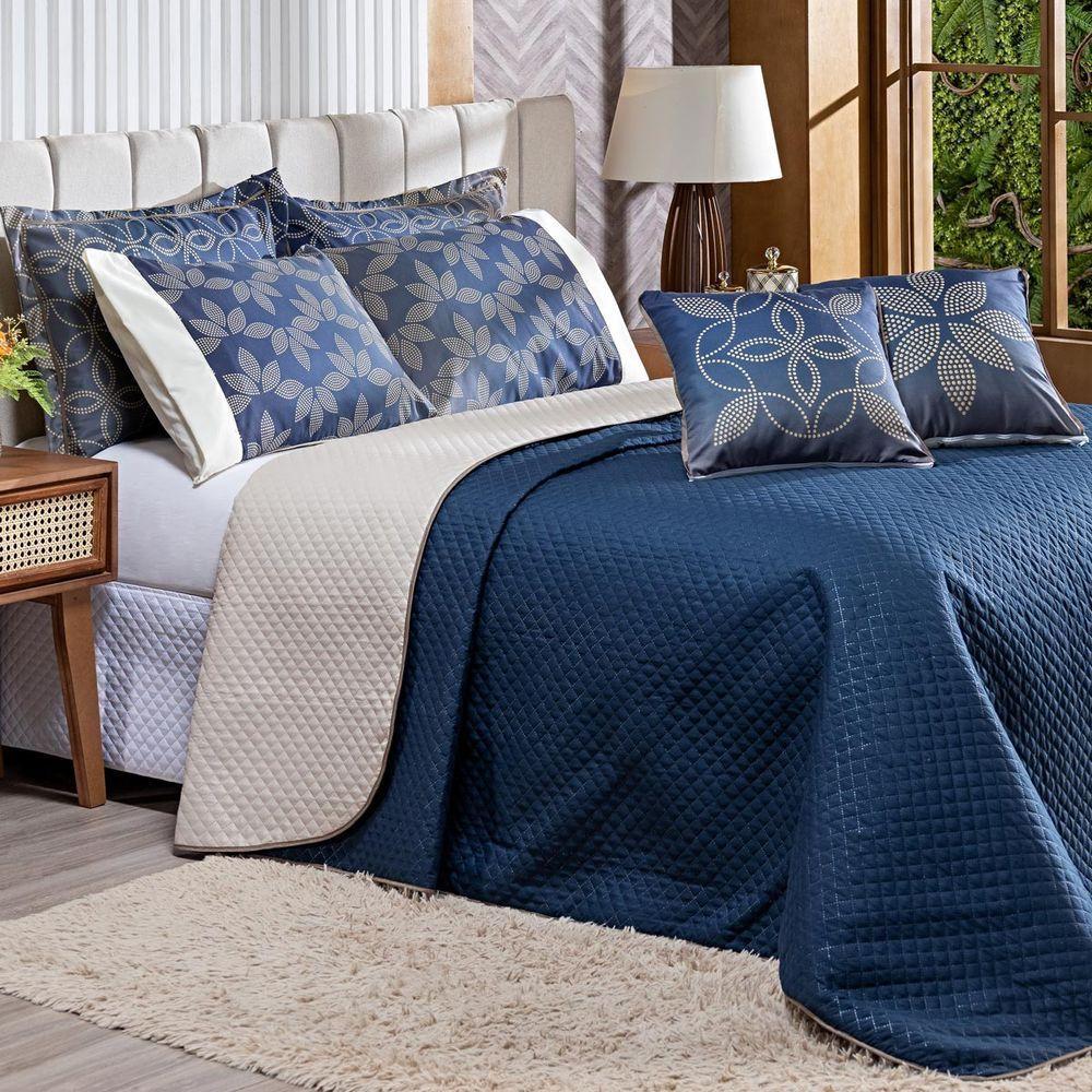 Cobre Leito Arabesco Azul Marinho-caqui Dupla Face Com Almofadas Queen 07 Peças - 6