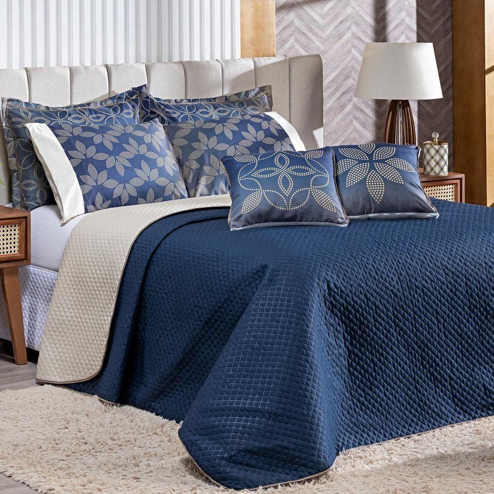 Cobre Leito Arabesco Azul Marinho-caqui Dupla Face Com Almofadas Queen 07 Peças - 7