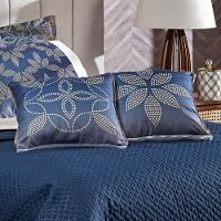 Cobre Leito Arabesco Azul Marinho-caqui Dupla Face Com Almofadas Queen 07 Peças - 3