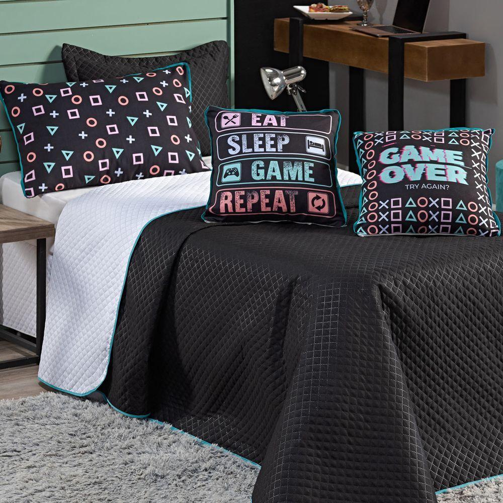 Cobre Leito Game Over Preto-branco Dupla Face Com Almofadas Solteiro 05 Peças - 1