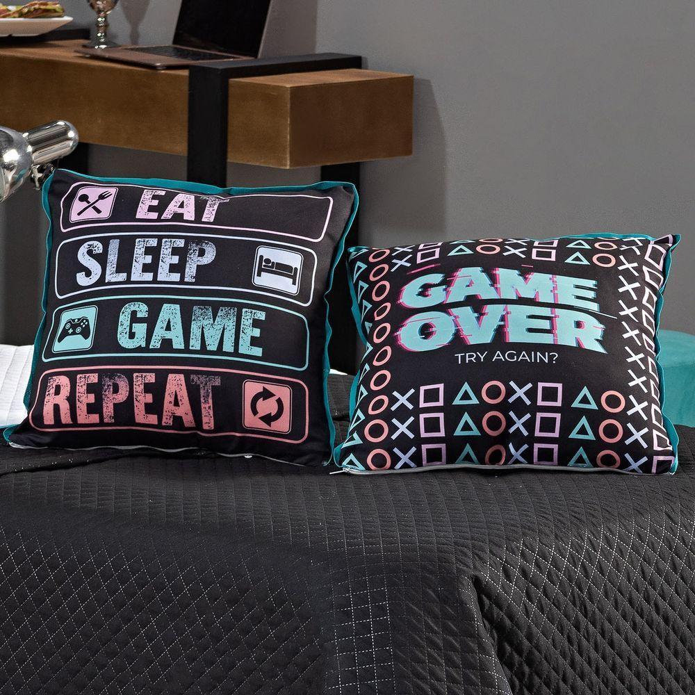 Cobre Leito Game Over Preto-branco Dupla Face Com Almofadas Solteiro 05 Peças - 3