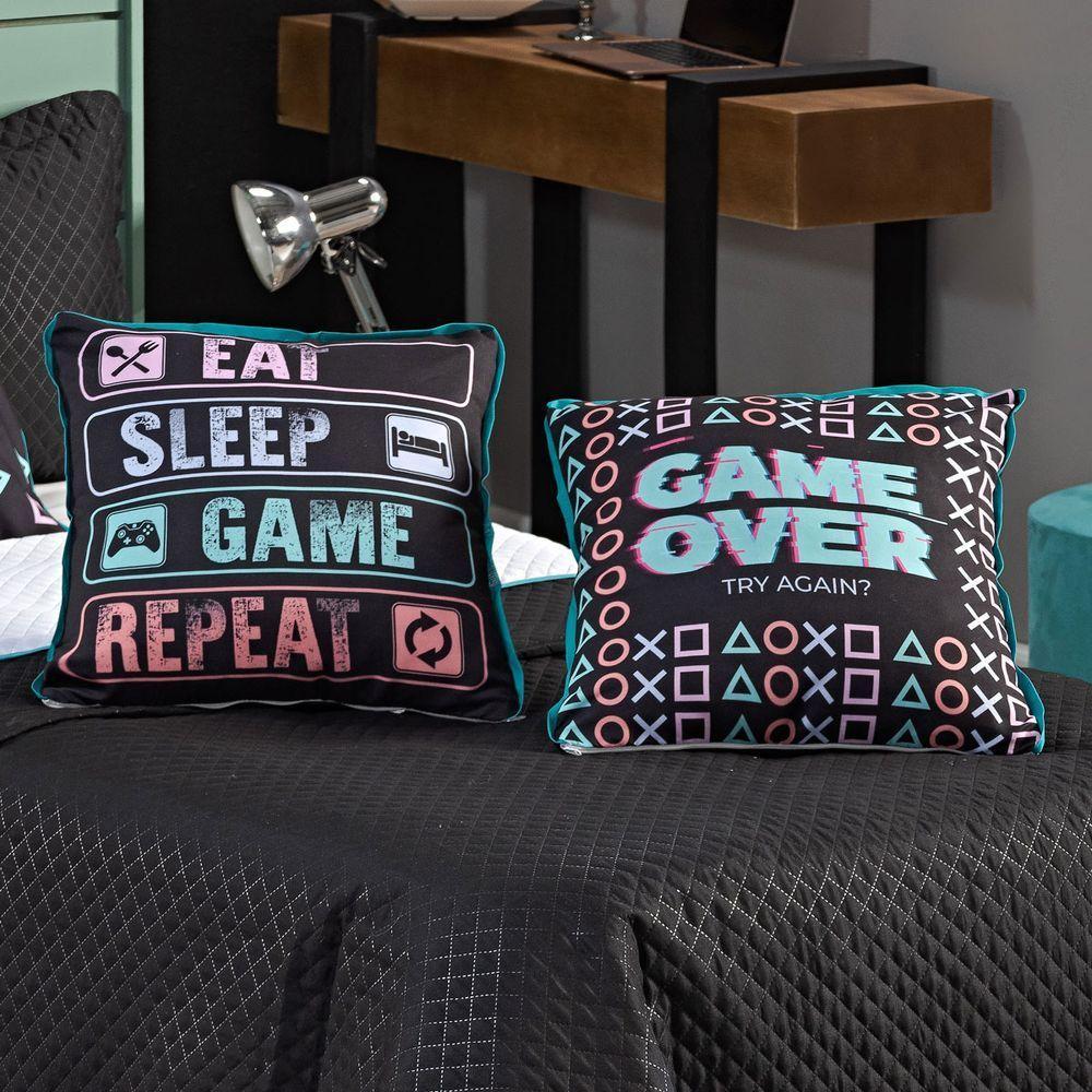 Cobre Leito Game Over Preto-branco Dupla Face Com Almofadas Solteiro 05 Peças - 7