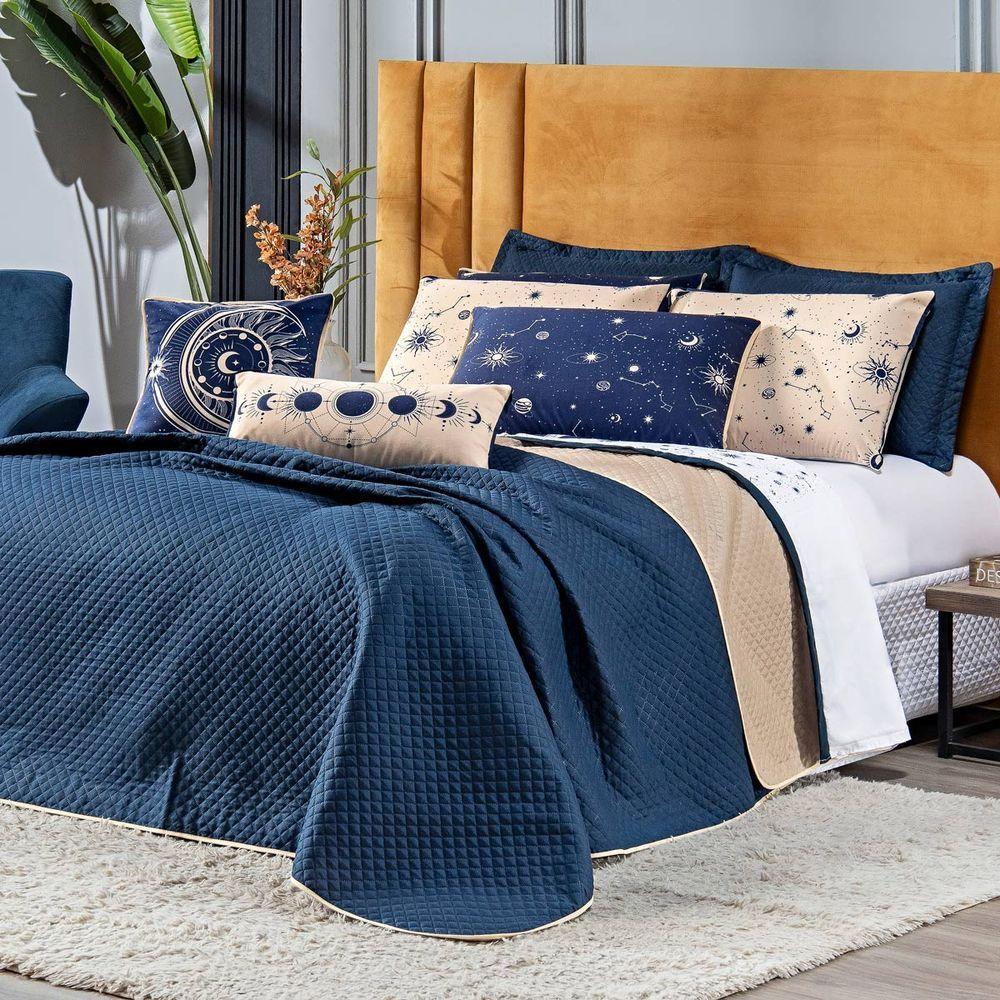 Cobre Leito Constelações Azul Marinho-caqui Dupla Face Com Almofadas Queen 07 Peças Astrologia Signos - 1