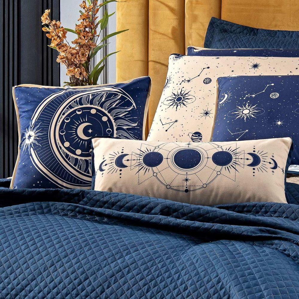 Cobre Leito Constelações Azul Marinho-caqui Dupla Face Com Almofadas Queen 07 Peças Astrologia Signos - 3