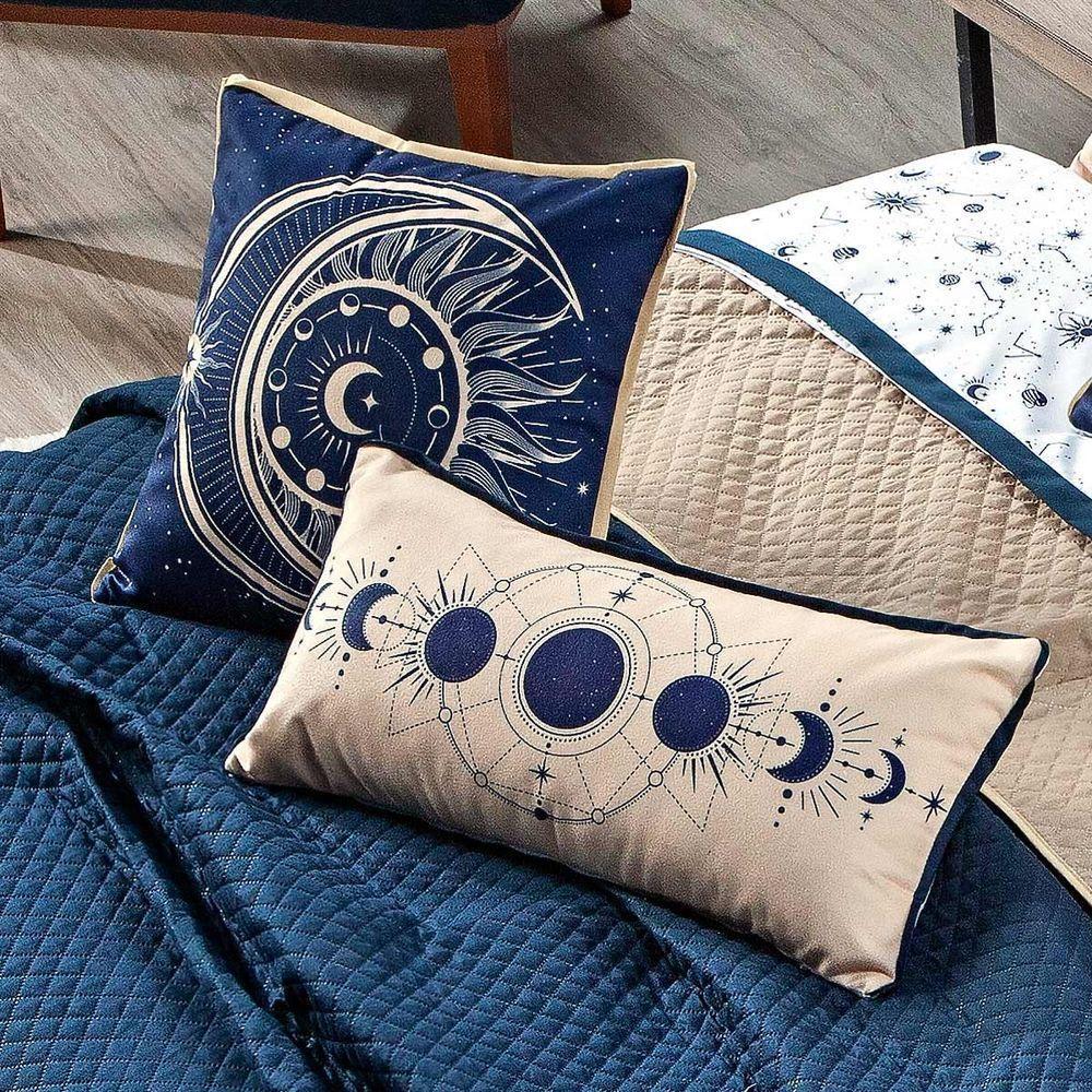 Cobre Leito Constelações Azul Marinho-caqui Dupla Face Com Almofadas Queen 07 Peças Astrologia Signos - 4