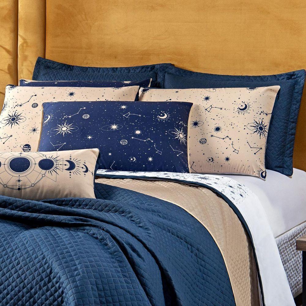 Cobre Leito Constelações Azul Marinho-caqui Dupla Face Com Almofadas Queen 07 Peças Astrologia Signos - 10