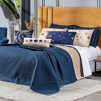 Cobre Leito Constelações Azul Marinho-caqui Dupla Face Com Almofadas Queen 07 Peças Astrologia Signos - 1