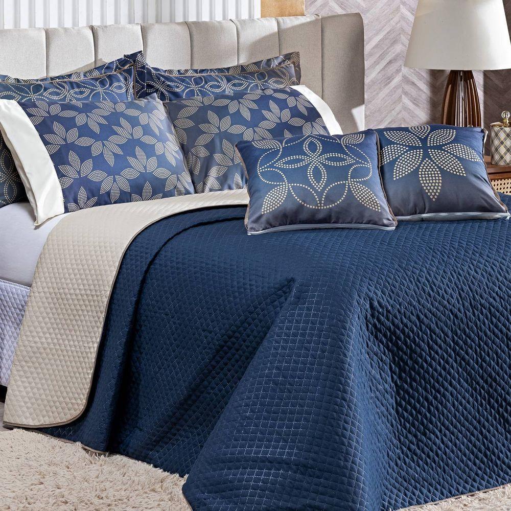 Cobre Leito Arabesco Azul Marinho-caqui Dupla Face Com Almofadas Casal Padrão 07 Peças - 1