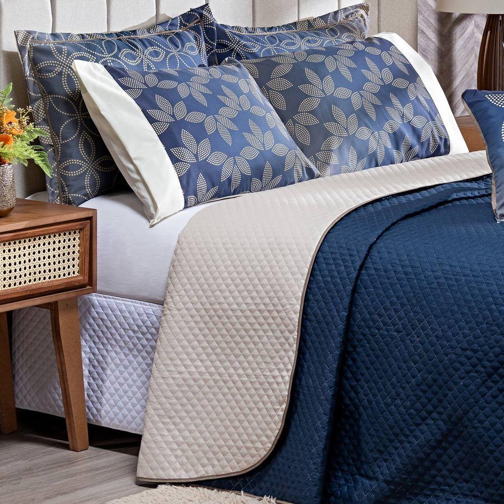 Cobre Leito Arabesco Azul Marinho-caqui Dupla Face Com Almofadas Casal Padrão 07 Peças - 8