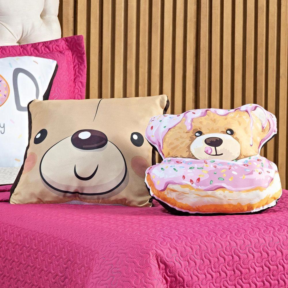 Cobre Leito Urso Donuts Pink-caqui Dupla Face Com Almofadas Solteiro 05 Peças - 4
