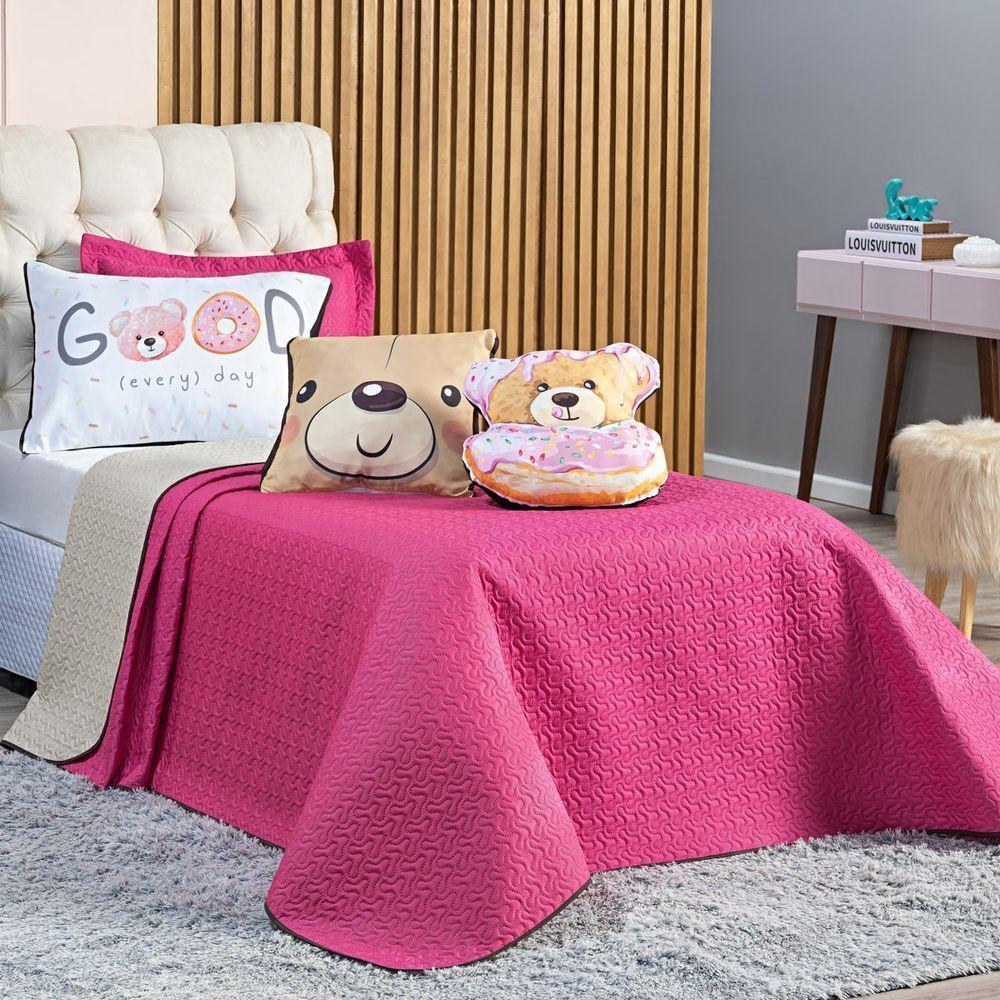 Cobre Leito Urso Donuts Pink-caqui Dupla Face Com Almofadas Solteiro 05 Peças - 7