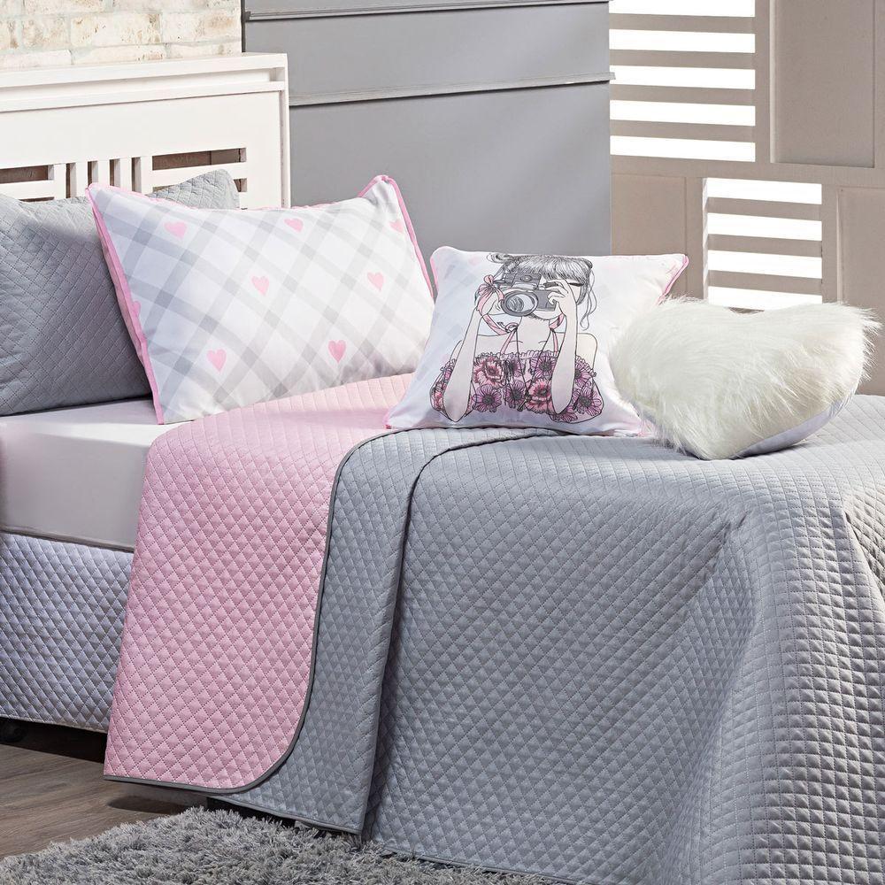 Cobre Leito Influencer Cinza-rosa Dupla Face Com Almofadas Solteiro 05 Peças - 1