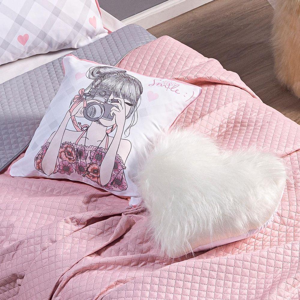Cobre Leito Influencer Cinza-rosa Dupla Face Com Almofadas Solteiro 05 Peças - 3