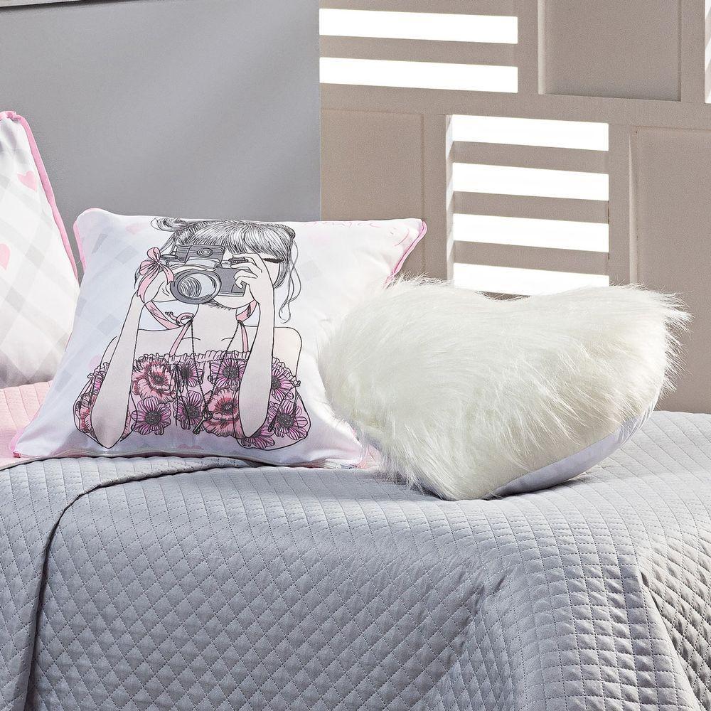 Cobre Leito Influencer Cinza-rosa Dupla Face Com Almofadas Solteiro 05 Peças - 4