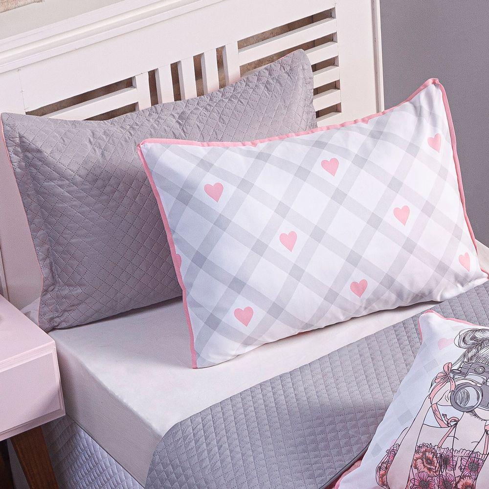 Cobre Leito Influencer Cinza-rosa Dupla Face Com Almofadas Solteiro 05 Peças - 5