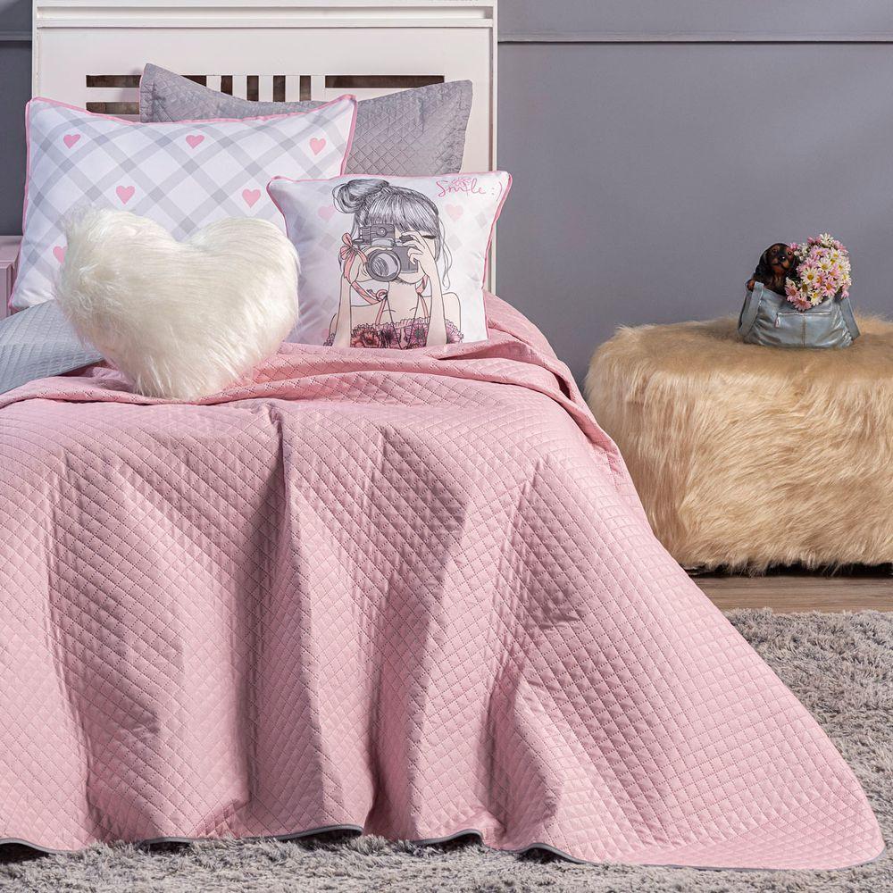 Cobre Leito Influencer Cinza-rosa Dupla Face Com Almofadas Solteiro 05 Peças - 7