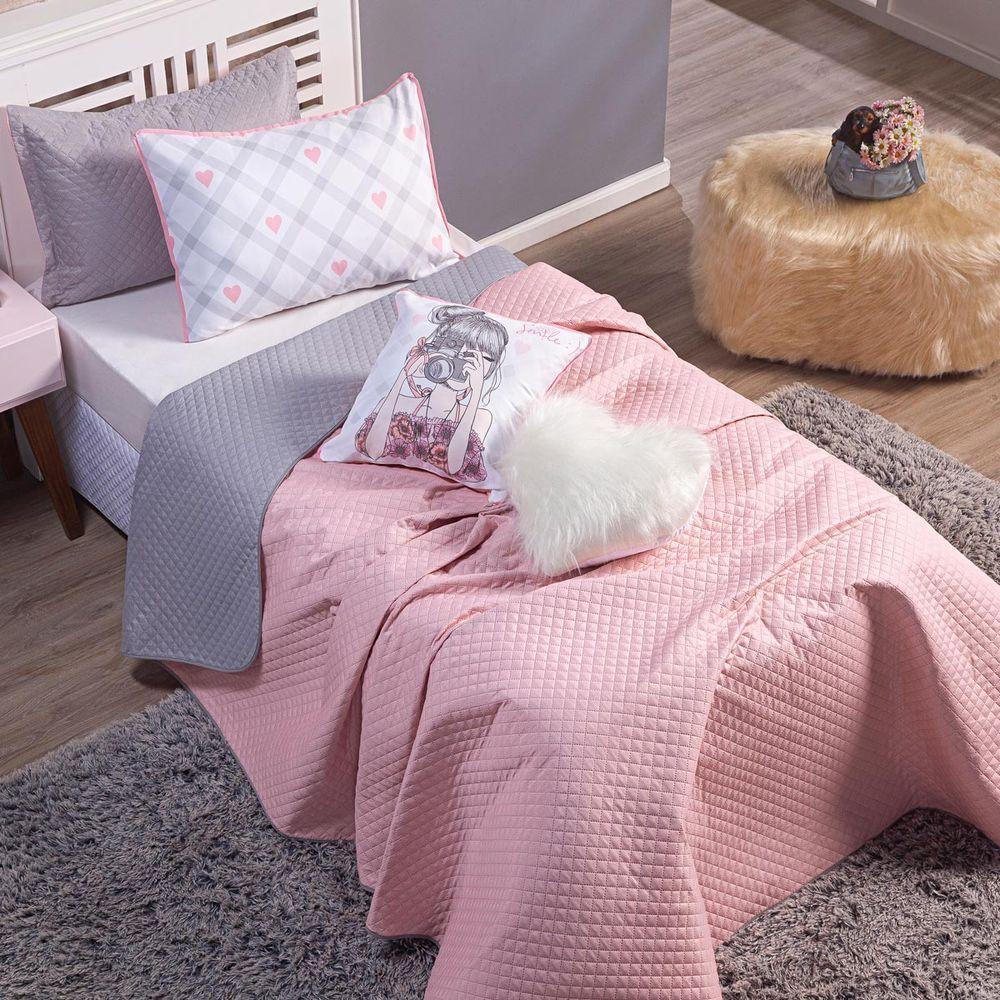 Cobre Leito Influencer Cinza-rosa Dupla Face Com Almofadas Solteiro 05 Peças - 8