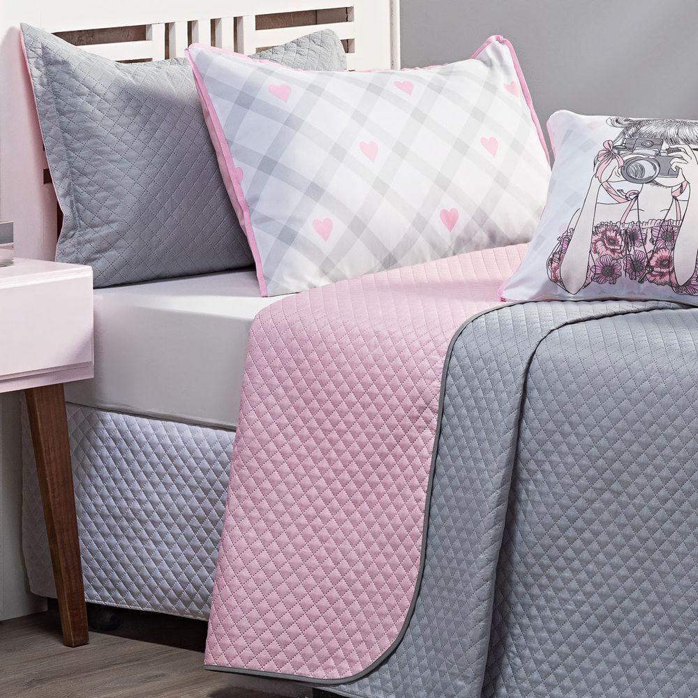 Cobre Leito Influencer Cinza-rosa Dupla Face Com Almofadas Solteiro 05 Peças - 10