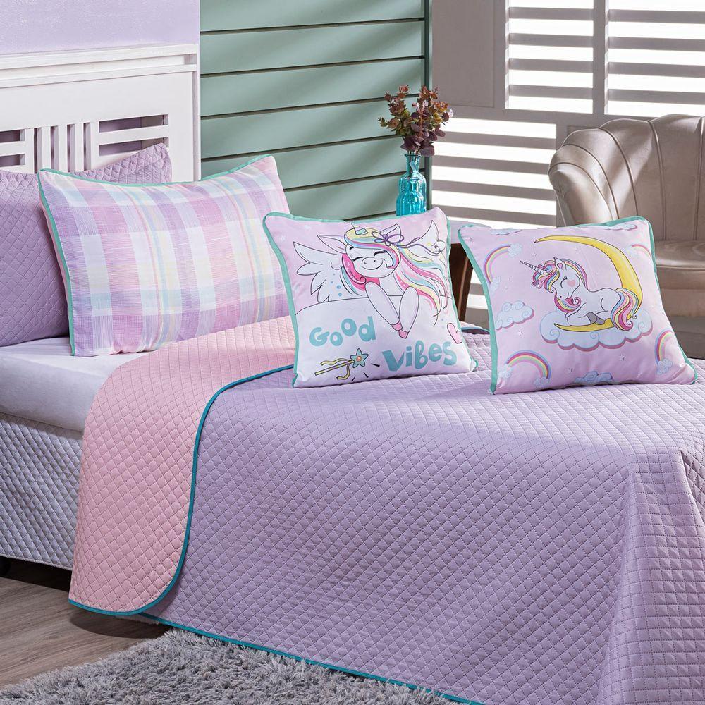 Cobre Leito Vibes Unicórnio Lilás-rosa Dupla Face Com Almofadas Solteiro 05 Peças - 1