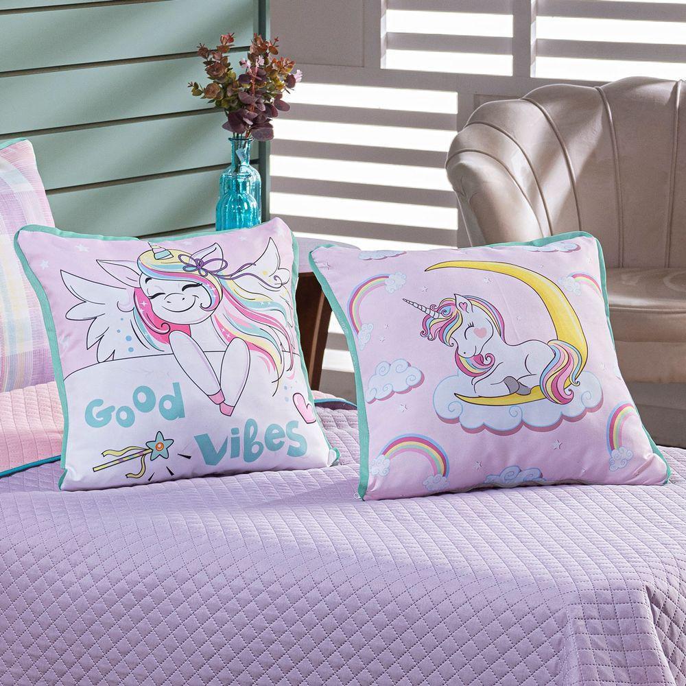 Cobre Leito Vibes Unicórnio Lilás-rosa Dupla Face Com Almofadas Solteiro 05 Peças - 4