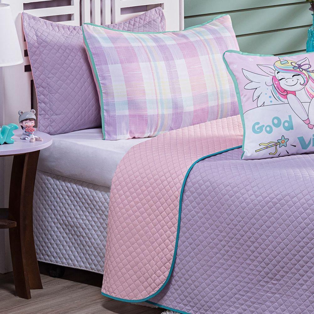 Cobre Leito Vibes Unicórnio Lilás-rosa Dupla Face Com Almofadas Solteiro 05 Peças - 8