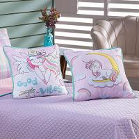 Cobre Leito Vibes Unicórnio Lilás-rosa Dupla Face Com Almofadas Solteiro 05 Peças
