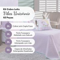 Cobre Leito Vibes Unicórnio Lilás-rosa Dupla Face Com Almofadas Solteiro 05 Peças - 5