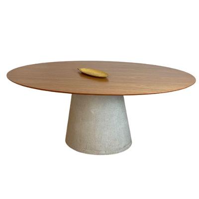 Mesa De Jantar Cone Oval 137x90 Cm Base Cimento Concreto Tampo Freijó