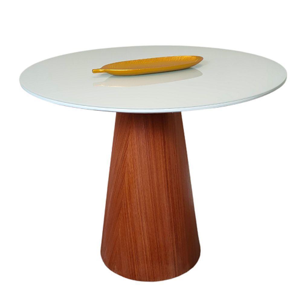 Mesa De Jantar Cone 100 Cm Base Madeira Mogno Tampo Laca + Vidro Cor Branco - 1