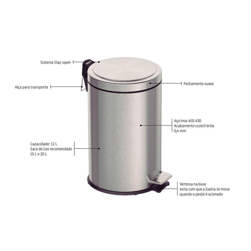 Lixeira Com Pedal 12 Litros Tramontina Brasil Plus Aço Inox Acetinado - 5