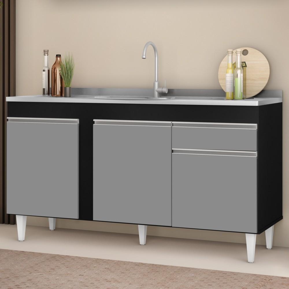 Balcão Gabinete Com Pia Inox 150cm 3 Portas 1 Gaveta Dakota Preto-cinza - Lumil - 9