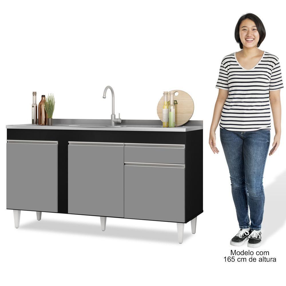 Balcão Gabinete Com Pia Inox 150cm 3 Portas 1 Gaveta Dakota Preto-cinza - Lumil - 10