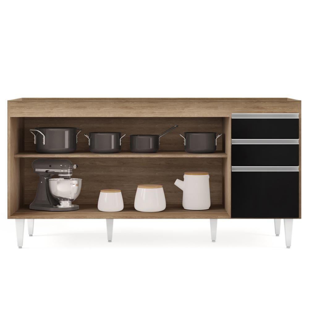 Balcão Gabinete 160cm Sem Tampo 4 Portas 2 Gavetas Arkansas Castanho-preto - Lumil Móveis - 5