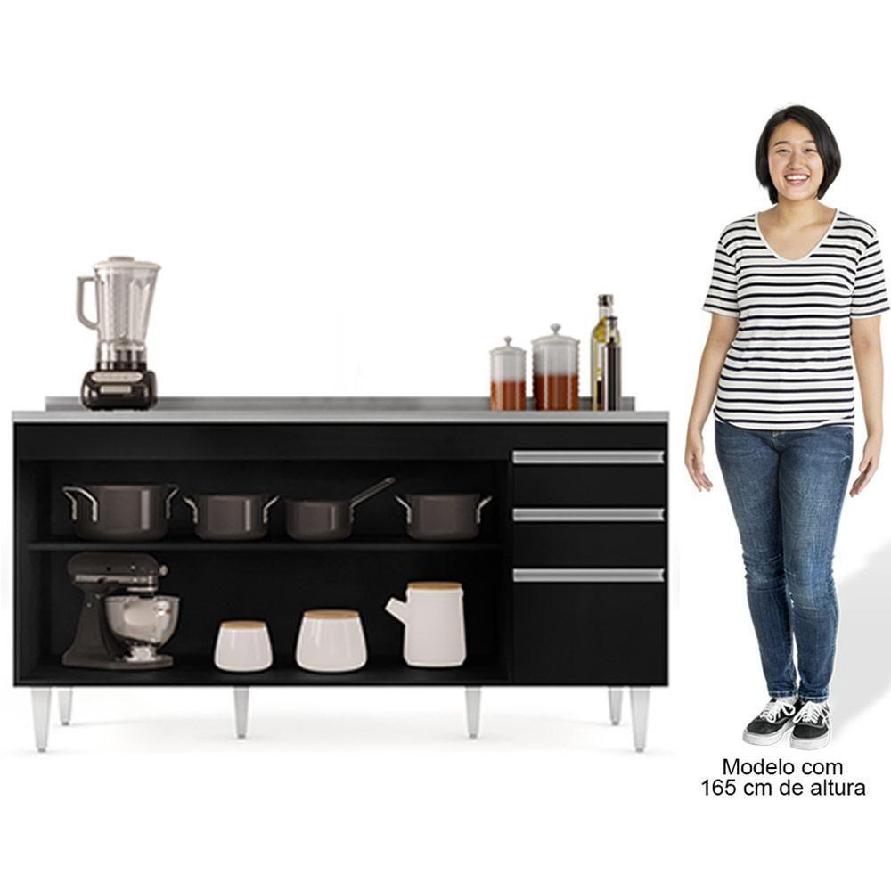 Balcão Gabinete Com Pia Inox 160cm Arkansas Preto - Lumil - 4